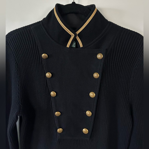 Lauren Ralph Lauren Midi Black Knit Sweater Dress High Collar Gold Accents Sz M - Picture 4 of 11